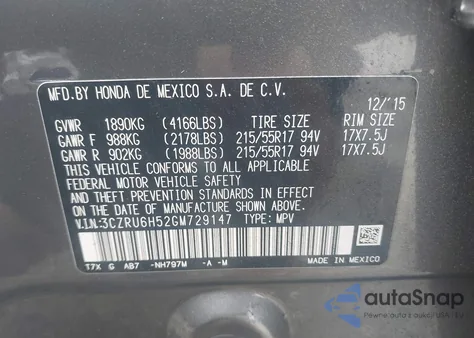 2016 Honda Hr-V Ex z USA, uszkodzony, nr VIN 3CZRU6H52GM729147